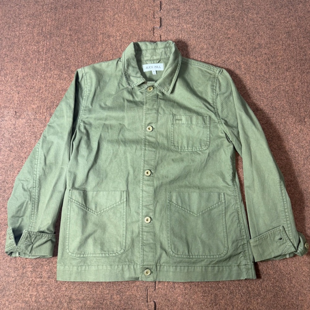A+ Alex Mill Mens Herringbone Cotton Work Jacket Olive Green Chore Coat Medium